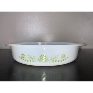 Vintage Glasbake Milk Glass Casserole Dish Green Daisy / Crazy Daisy 1960s–1970s